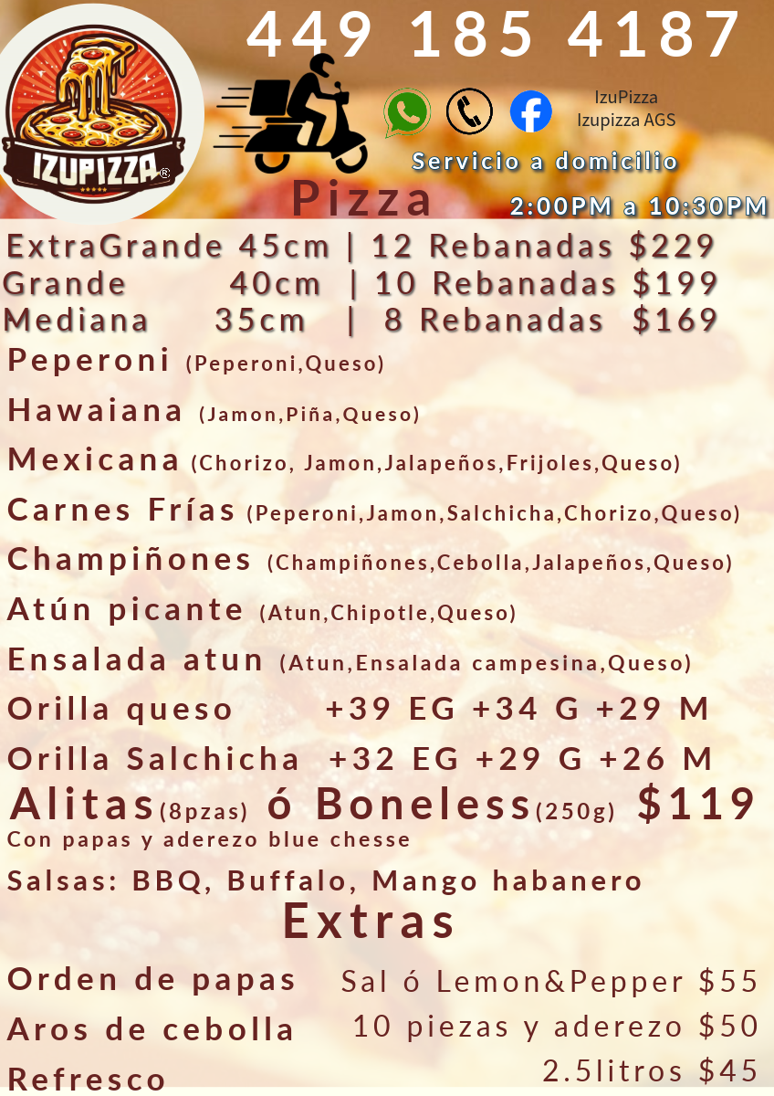 Menú completo de la pizzería